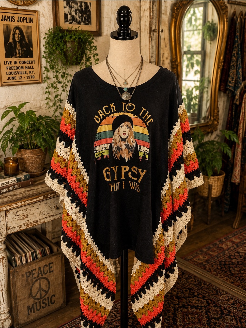 Women’s Black Graphic Short Sleeve Tee with Crocheted Accent